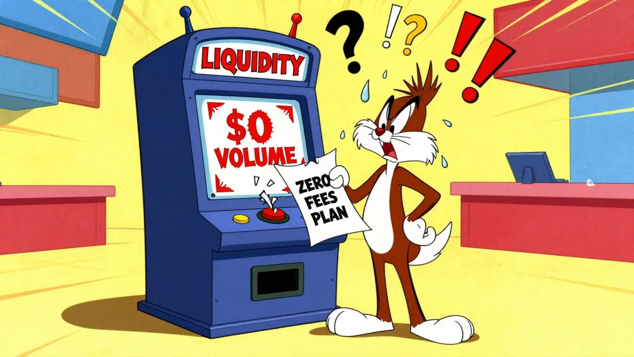 Villain character panics next to a broken liquidity machine showing zero volume.