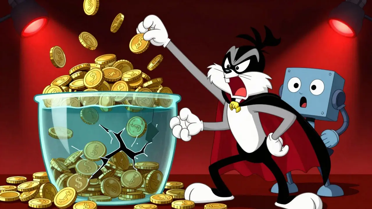 Villain manipulating a liquidity pool in a cartoon style