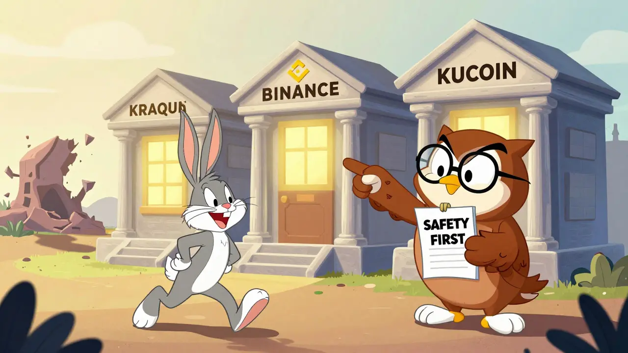 Wise owl guides a rabbit toward safe crypto exchanges like Kraken and Binance.