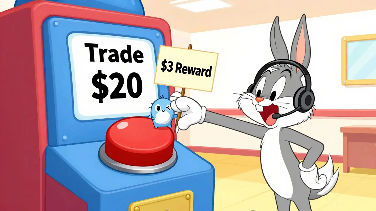 Animated character trading to claim a small crypto reward
