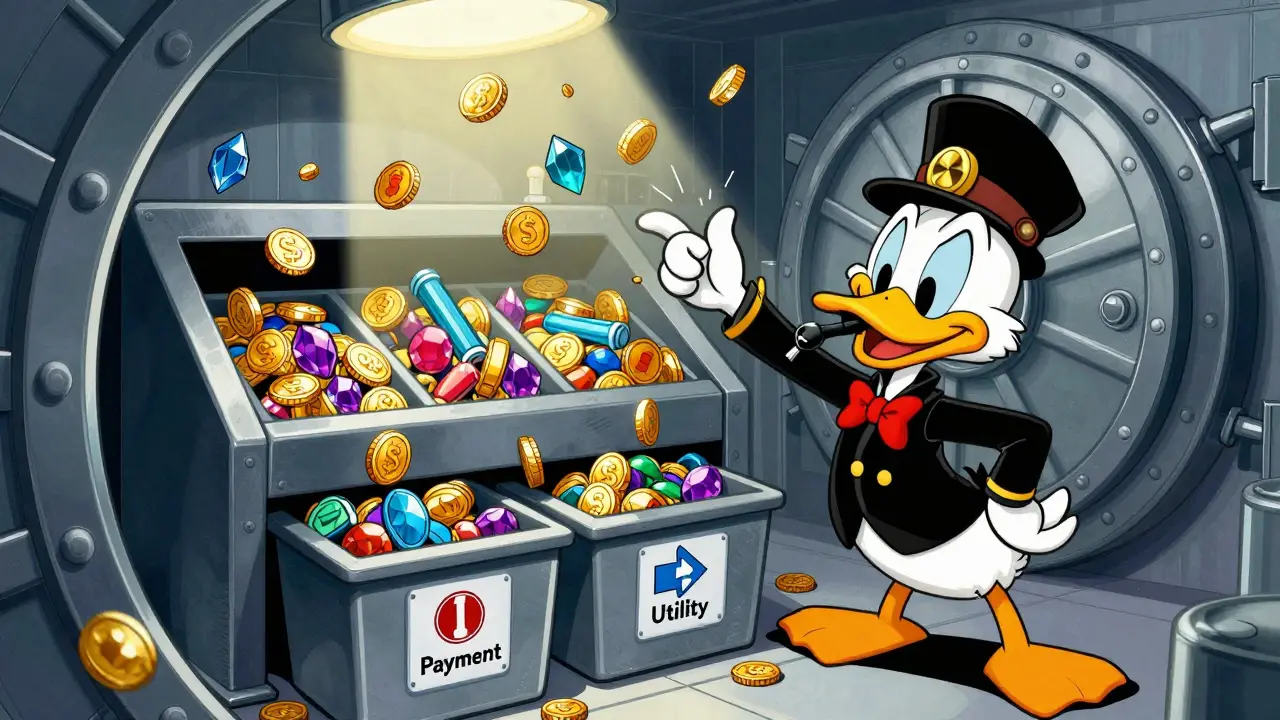 Animated duck regulator sorting colorful crypto tokens into strict categories in a high-tech vault.