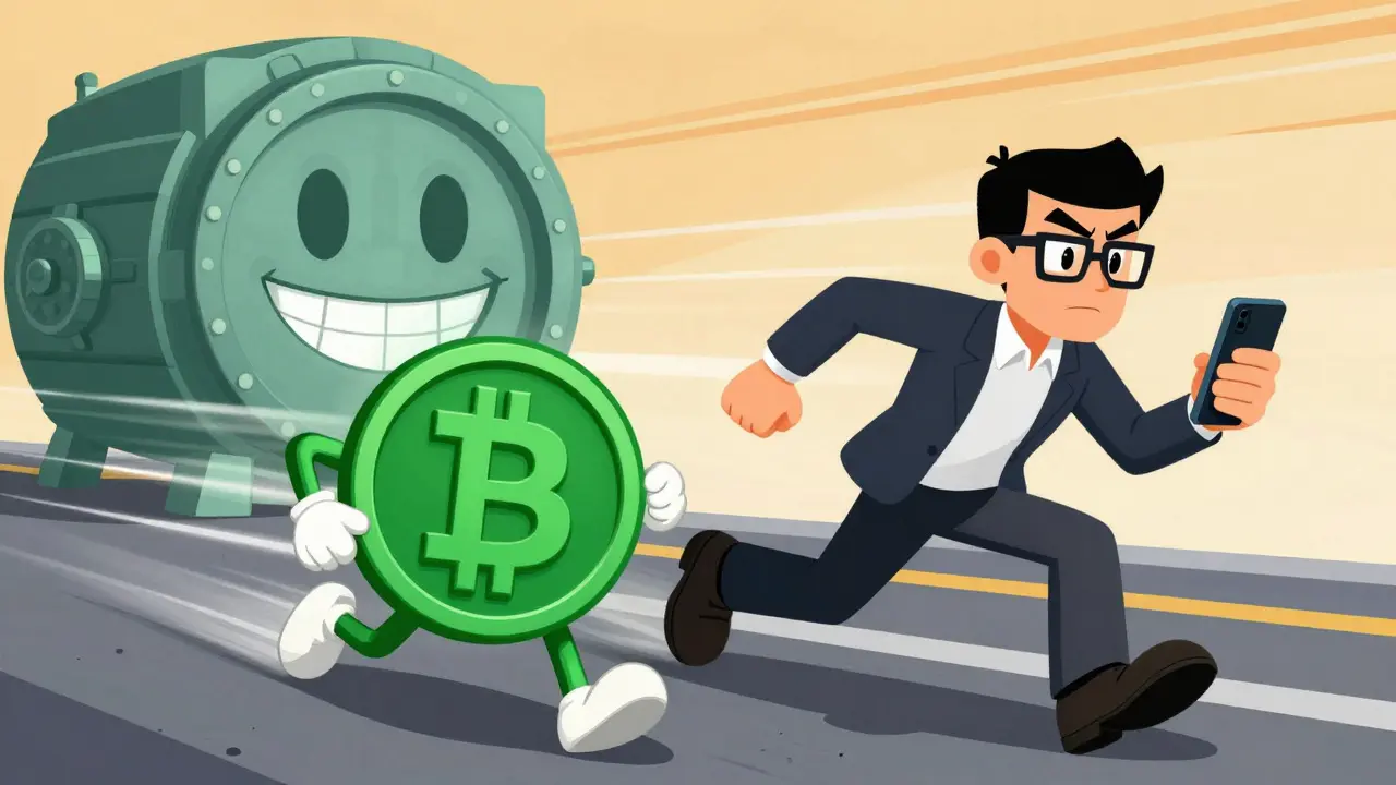 Animated USDT token chased by user near a secure escrow vault