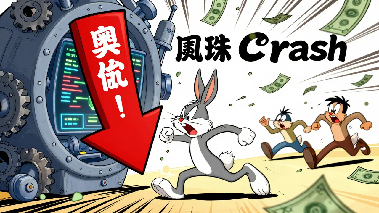 Cartoon character fleeing from a giant red crash arrow