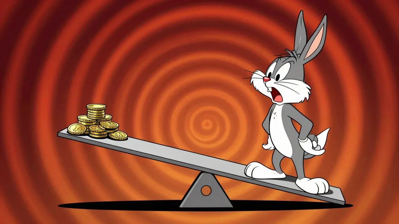 Cartoon character on a tipping seesaw symbolizing market risk