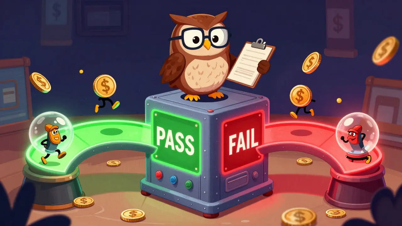 Cartoon coins betting on pass or fail outcome paths