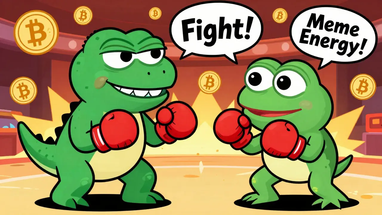 Cartoon illustration of the Yee dinosaur and Pepe the Frog facing off in a boxing match, symbolizing the 'fight Pepe' narrative in a playful Looney Tunes style.