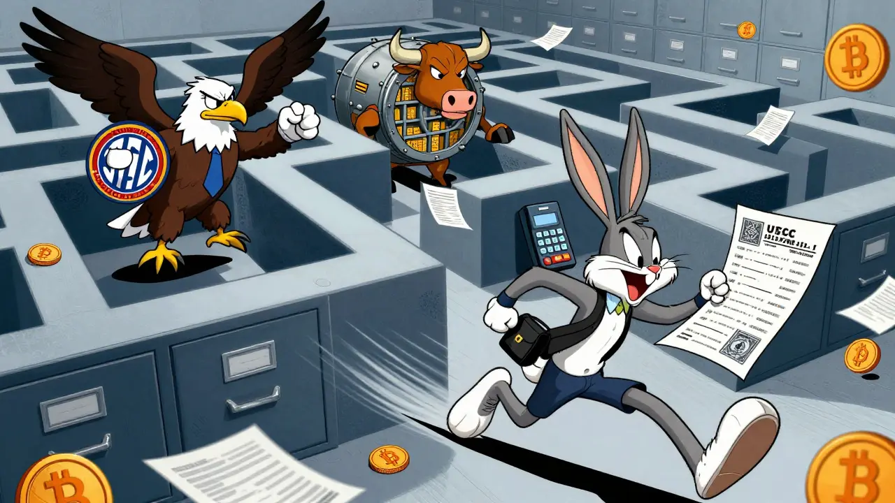 Cartoon rabbit fleeing US regulators in a paper maze