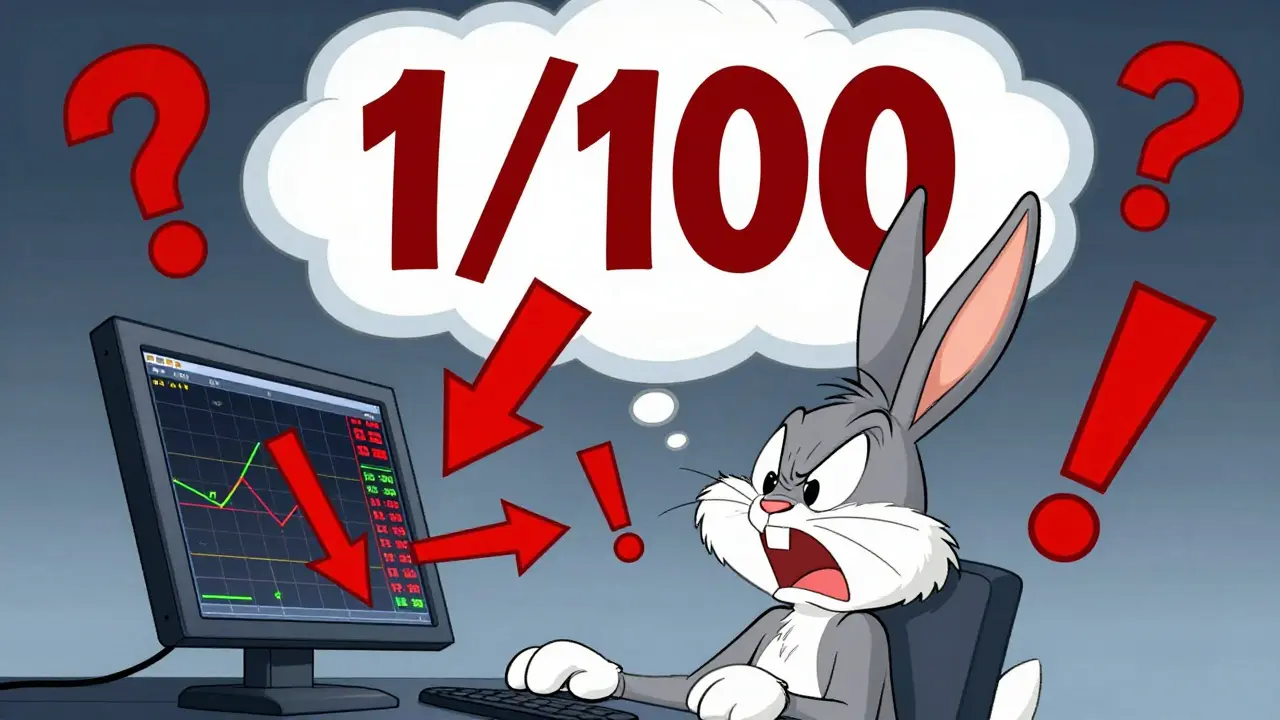 Cartoon rabbit panicking at low trust score warning on trading screen