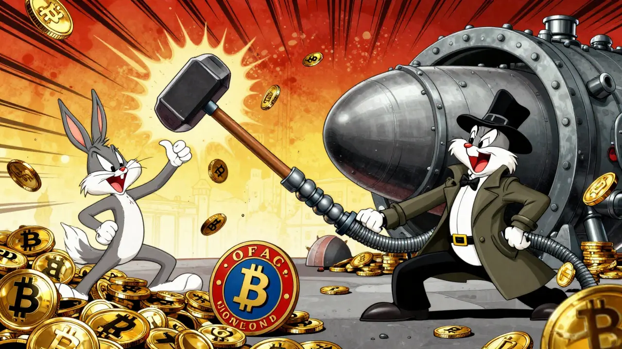 Cartoon showing crypto funds flowing into a missile vault