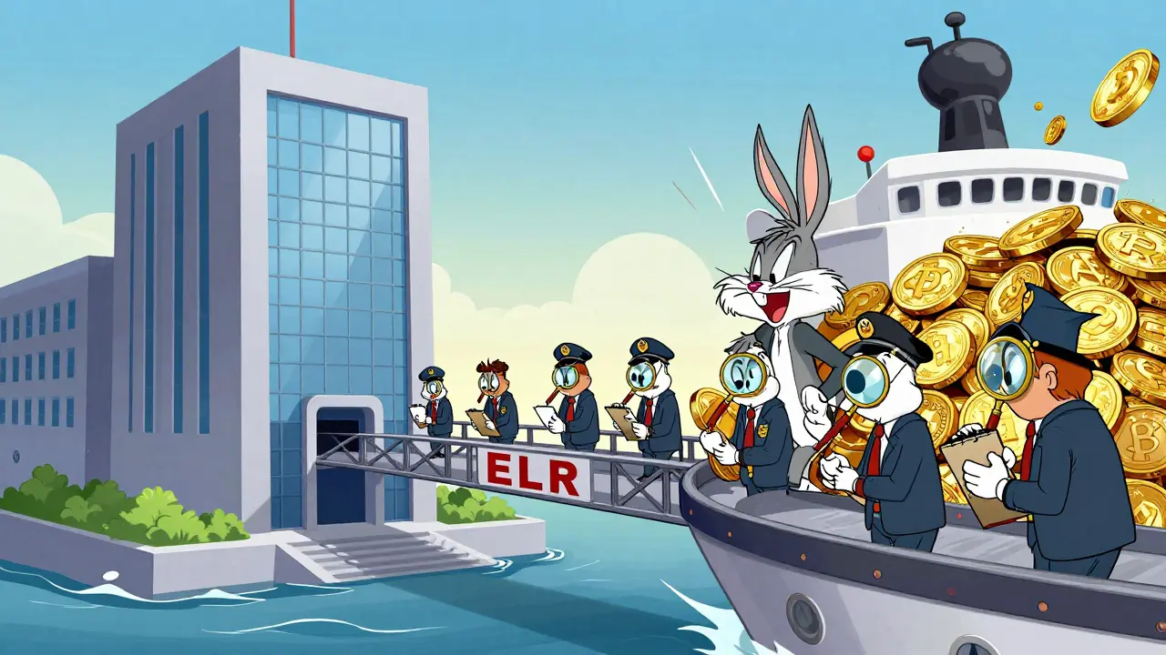Cartoon showing strict oversight of international crypto trade