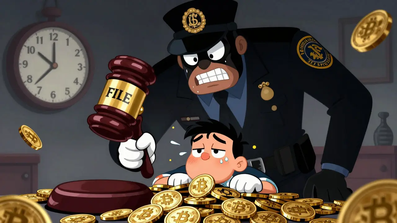 Cartoon tax inspector threatening person with hidden crypto