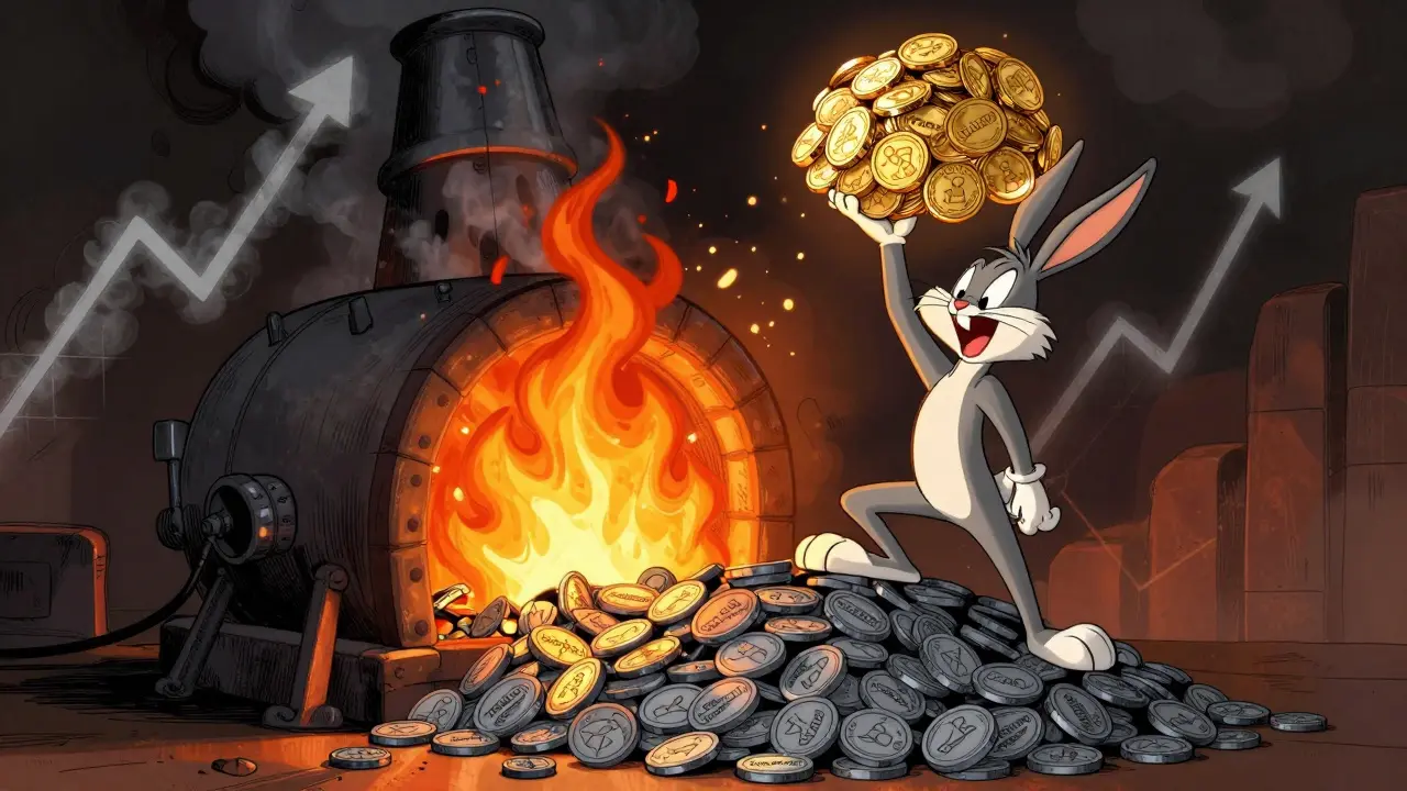 Cartoon tokens burning in furnace leaving golden few