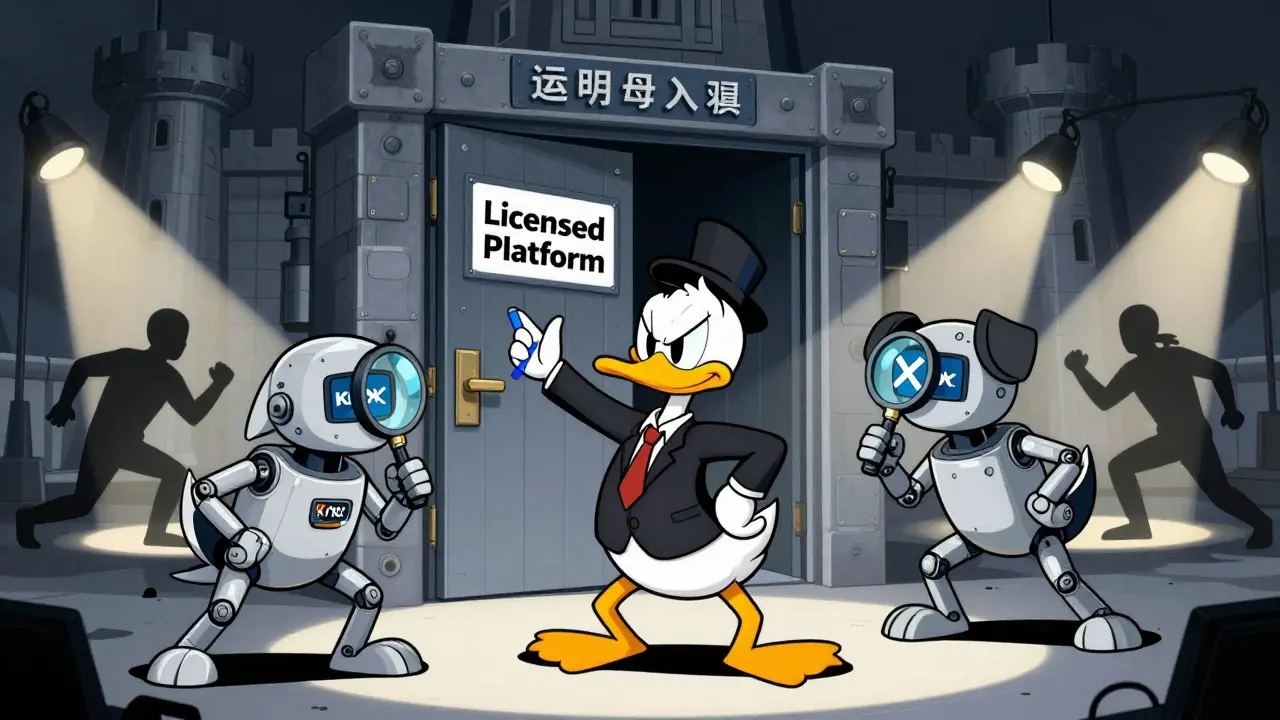 Cartoon trader facing strict security checks at a licensed crypto platform