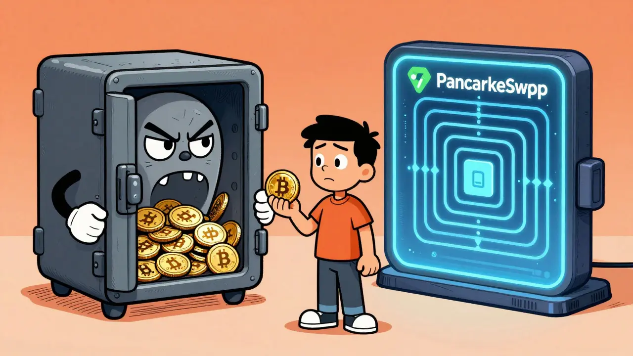 Cartoon user struggling with complex decentralized exchange trading process