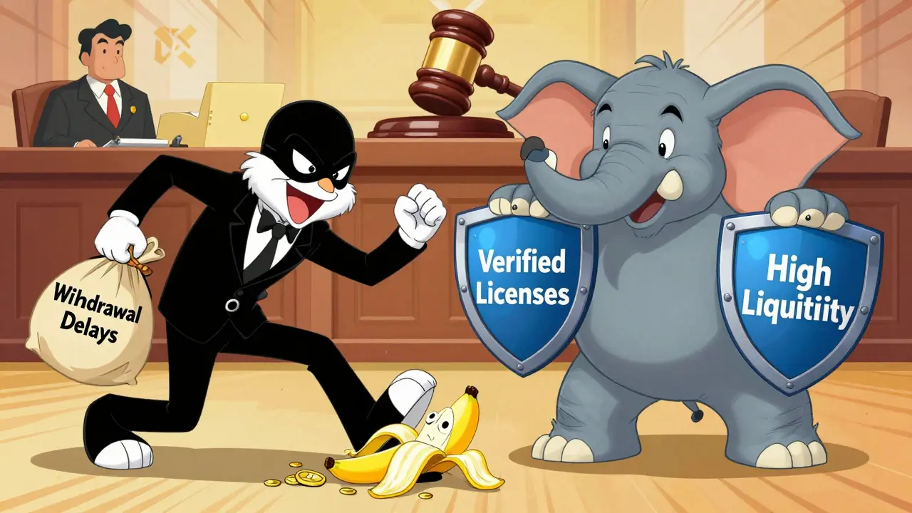 Cartoon villain slipping on withdrawal delays while safe exchanges stand firm