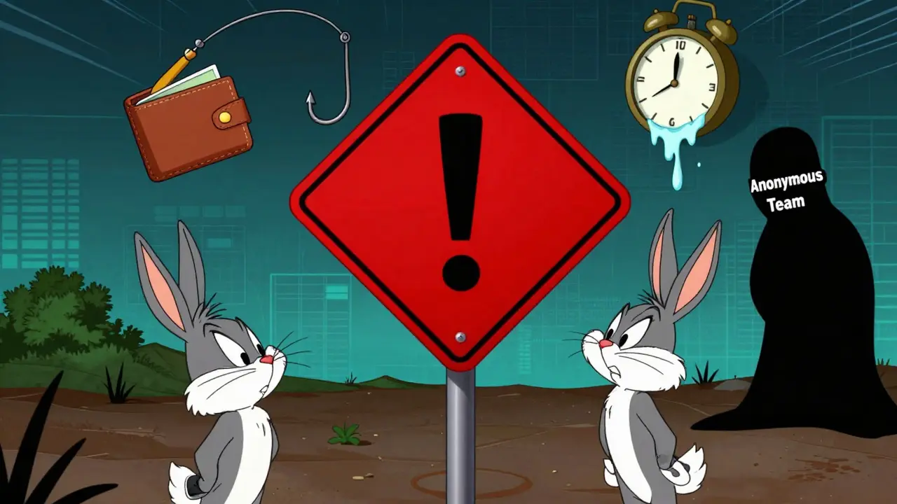 Cartoon warning signs for crypto scams including phishing hooks