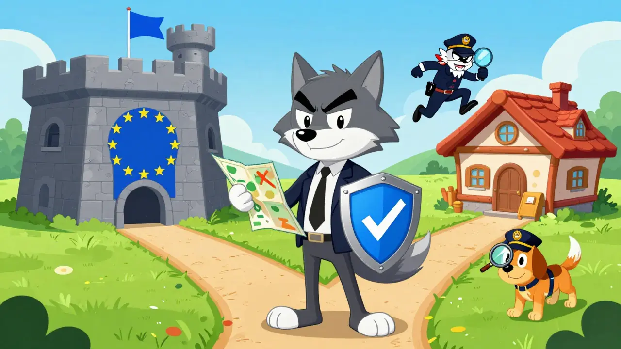 Cartoon wolf entrepreneur navigating between Swiss and EU regulatory paths while avoiding fraud villains.