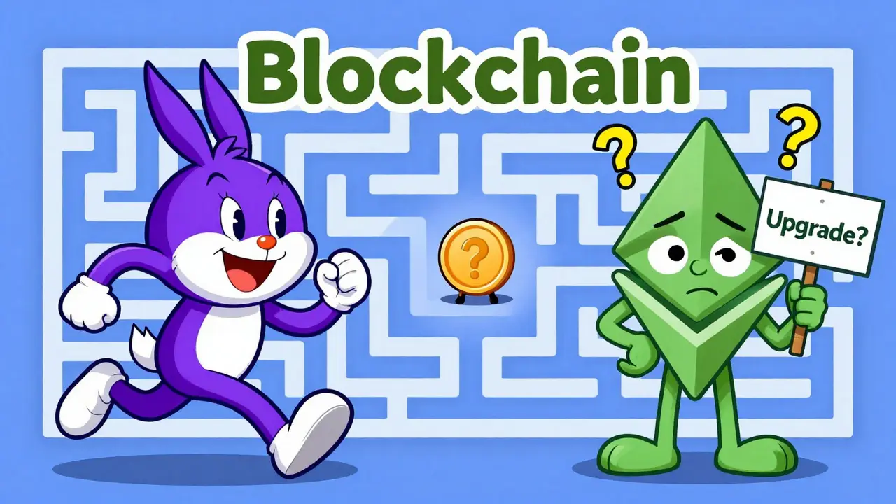Confused coin character lost between Solana and Ethereum blockchain paths