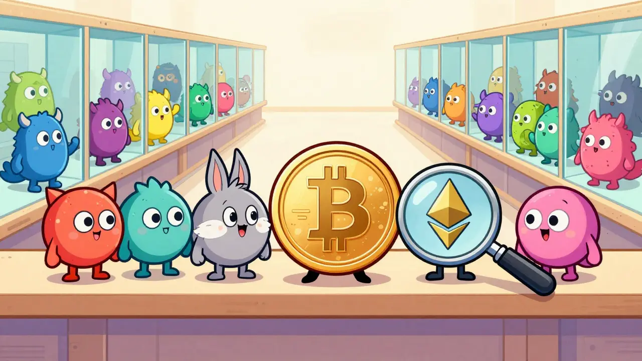 Cute Bitcoin and Ethereum coins on a shelf with limited crypto options.