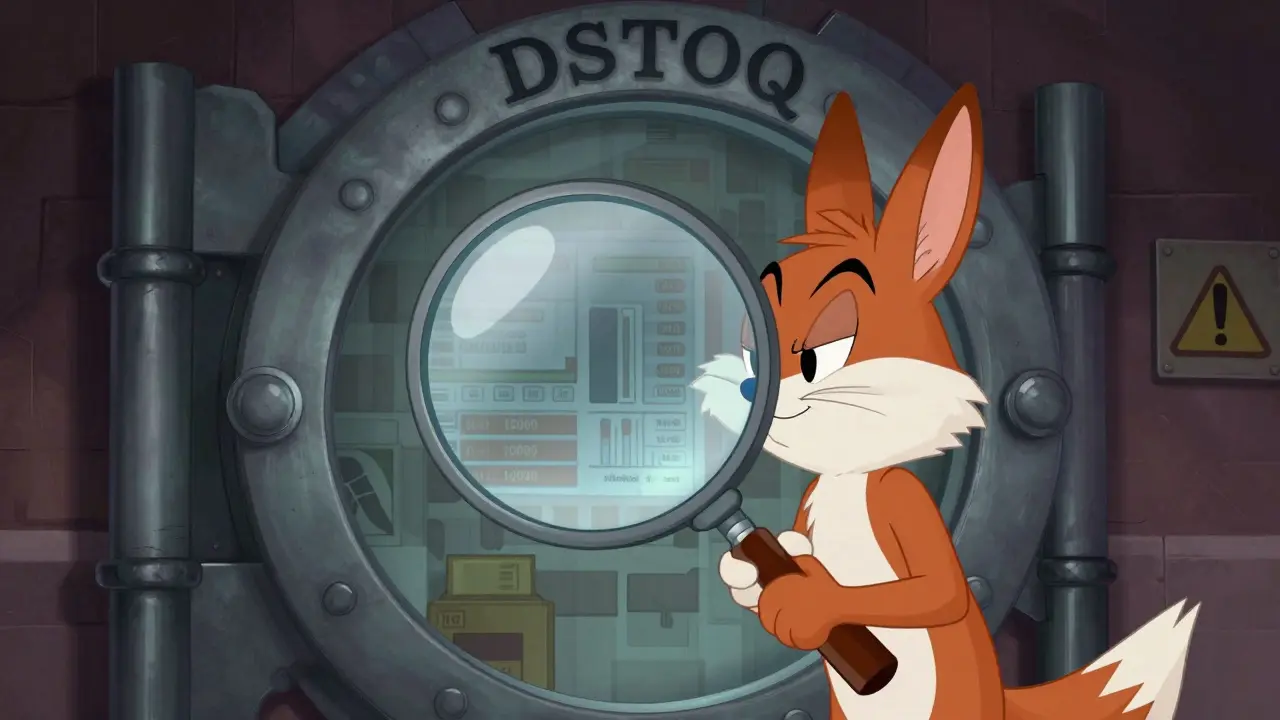 Detective character inspecting a mysterious DSTOQ vault with a magnifying glass, representing due diligence.