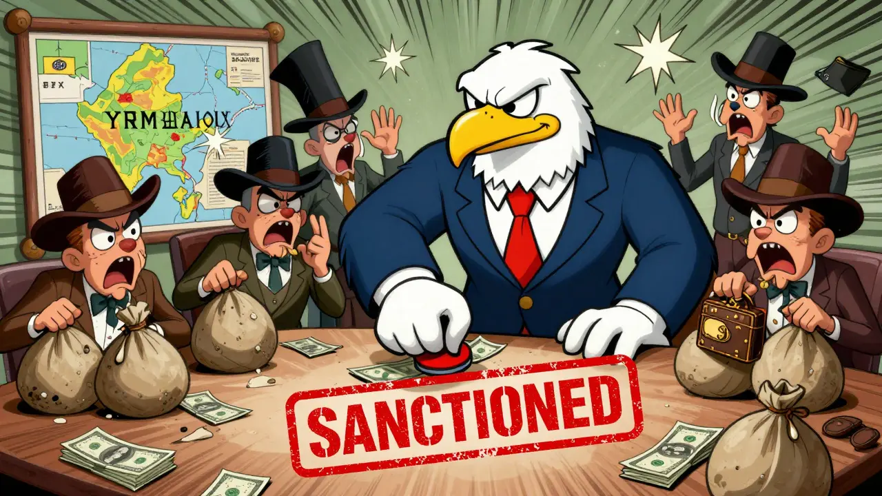 Eagle slamming a sanction stamp on surprised cartoon criminals