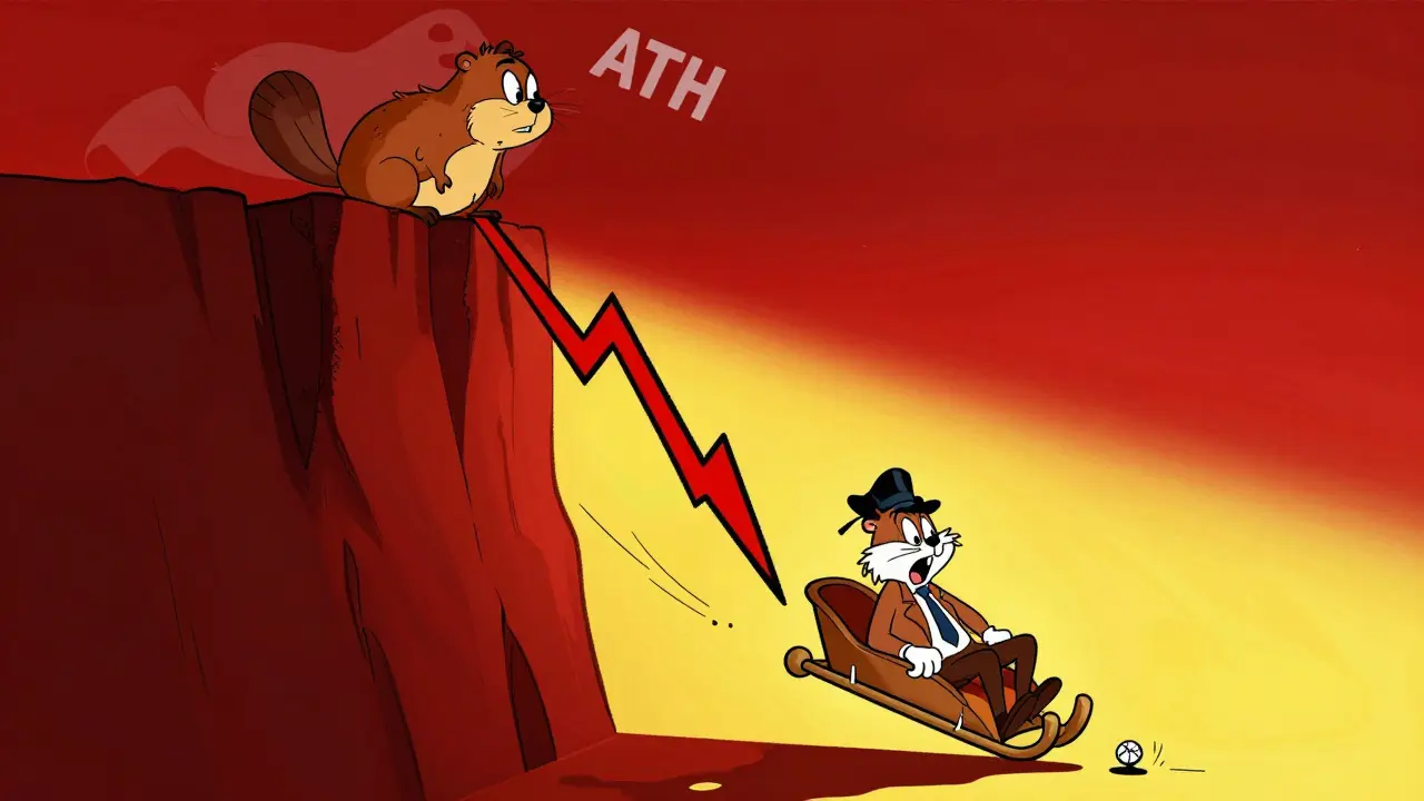 Exaggerated cartoon chart showing massive price drop and volatility risk