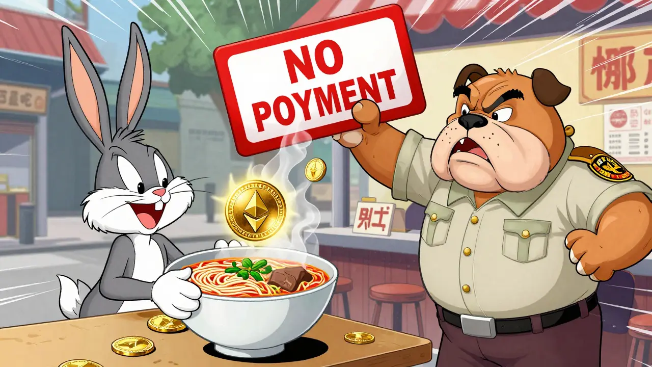 Funny cartoon showing crypto payment banned at a Vietnamese noodle shop