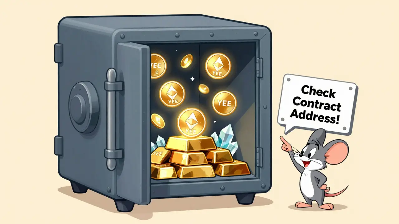 Illustration of a cartoon treasure chest overflowing with YEE tokens and Ethereum, with a mouse pointing to a contract verification warning, highlighting safety tips for buyers.