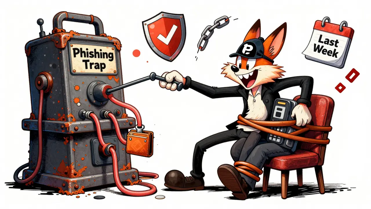 Mischievous fox scammer operating a phishing machine draining a victim's wallet