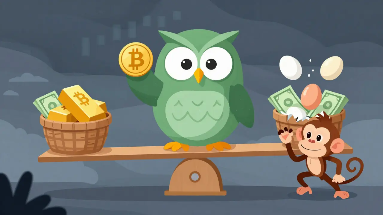 Owl balancing diverse assets on a seesaw amidst a storm