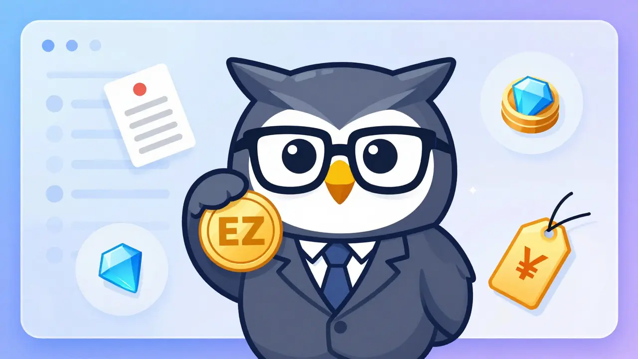 Owl holding EZ token with governance and reward icons