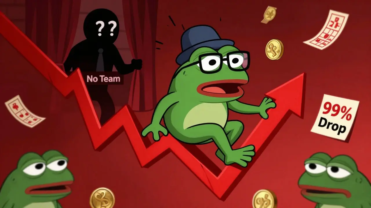 Panicking Pepe sliding down a crashing red price chart