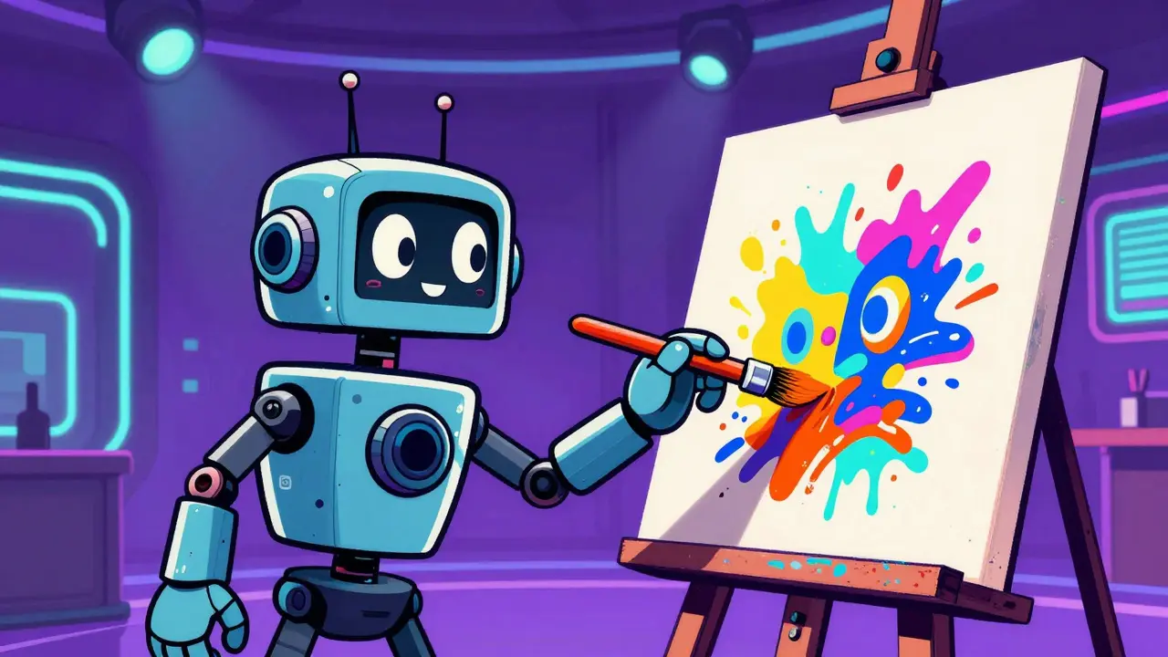 Robot artist creating colorful AI-generated cartoon scenes