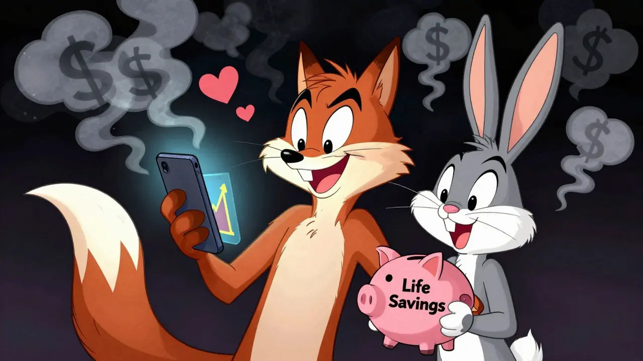 Slick fox tricking a naive rabbit into investing life savings via phone