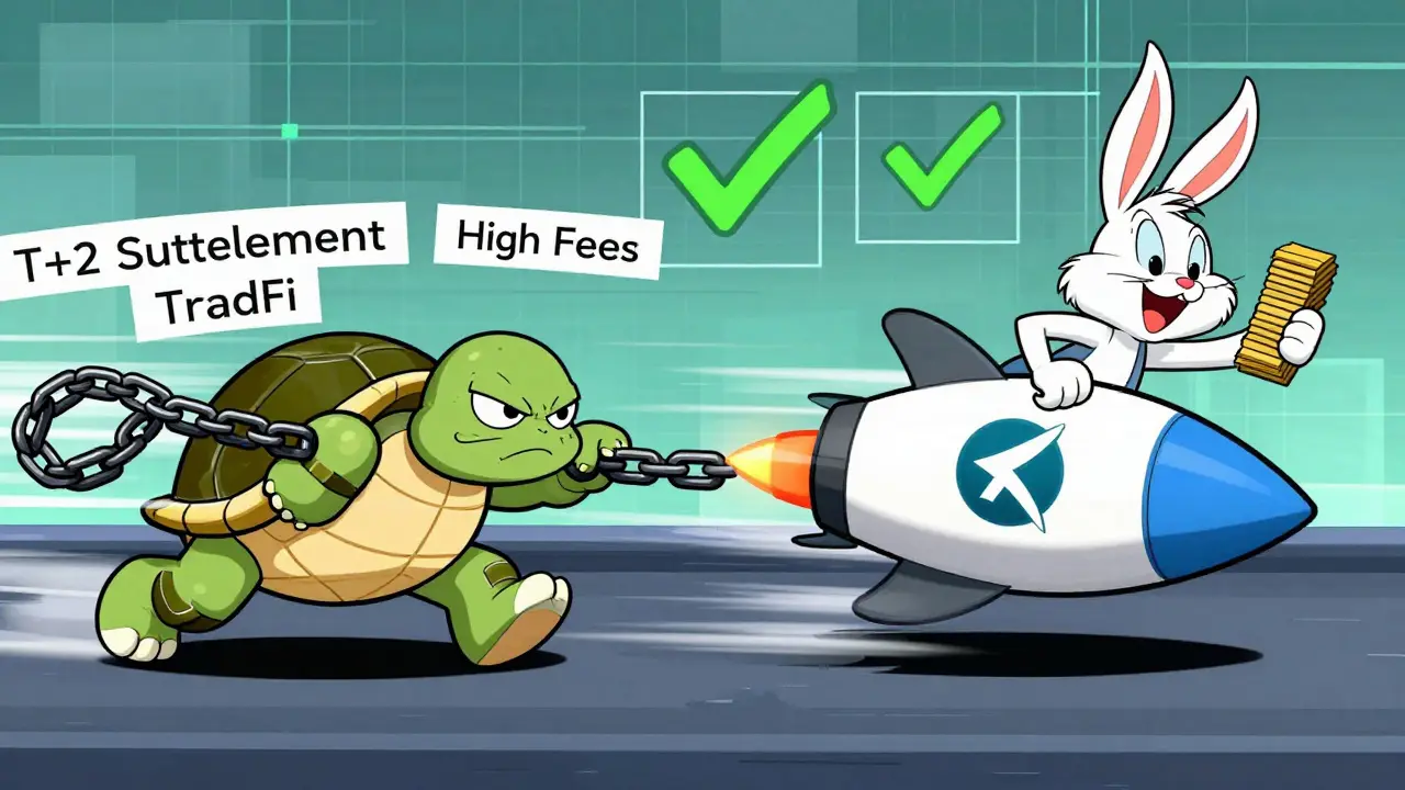 Speedy Stellar rocket racing past a slow traditional finance turtle, highlighting fast settlement times.