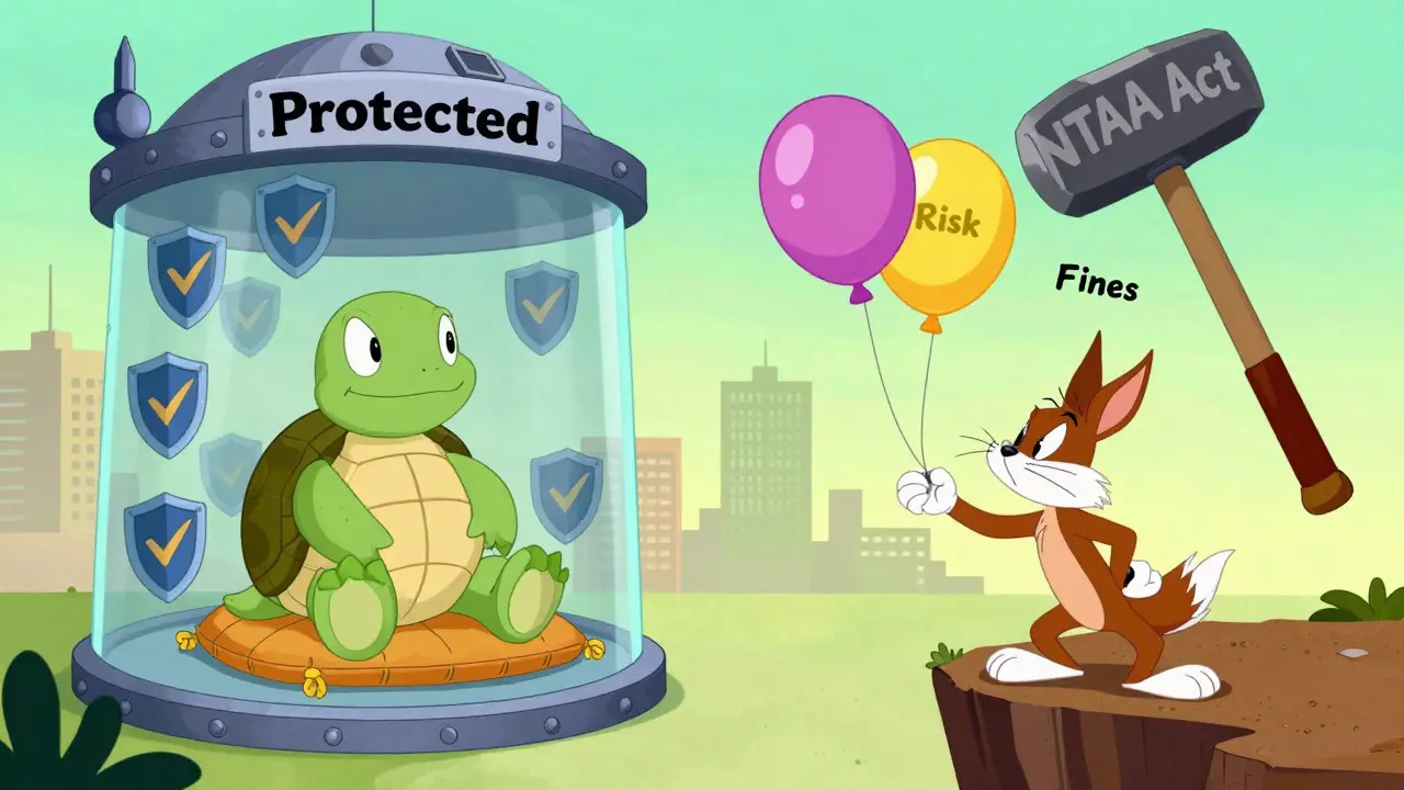 Split scene showing safe licensed trading vs risky unlicensed crypto use