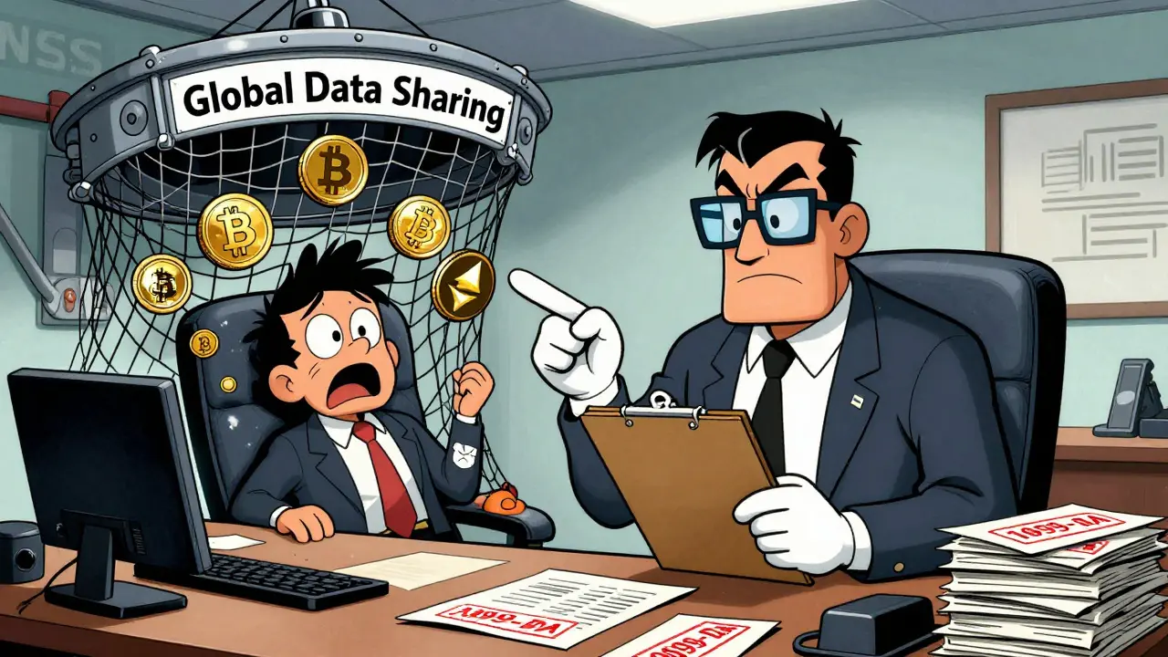 Stern IRS agent confronting a panicked crypto investor with new reporting forms