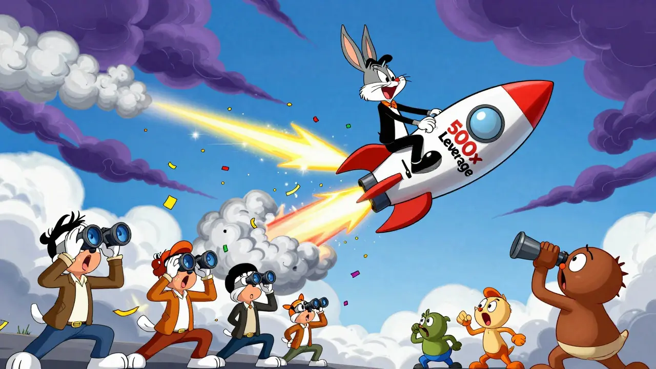 Trader on a risky 500x leverage rocket soaring through mixed weather clouds