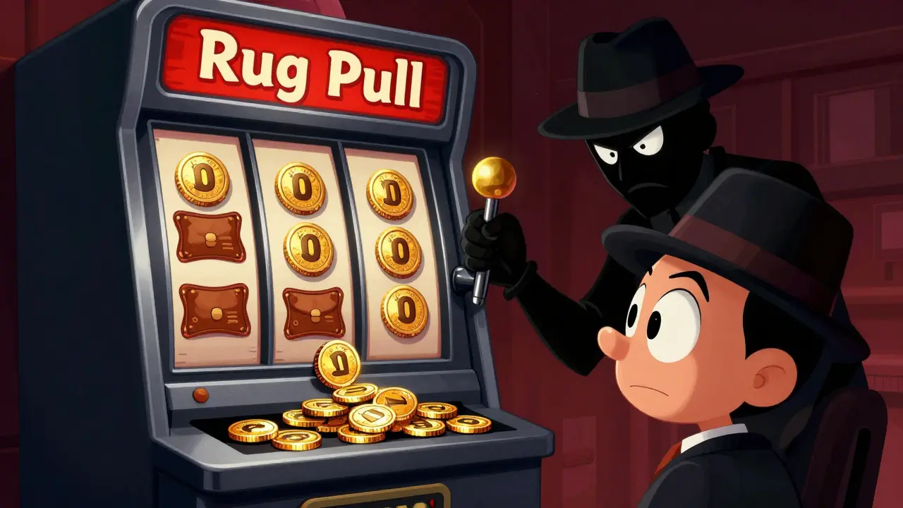 Villain pulling rug pull lever while investor loses money in slot machine