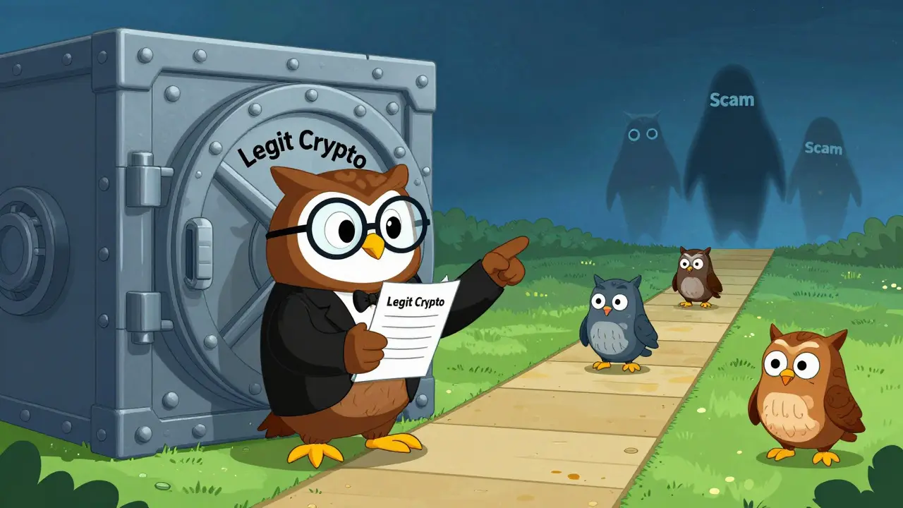Wise owl character standing by a secure vault pointing to legitimate crypto paths