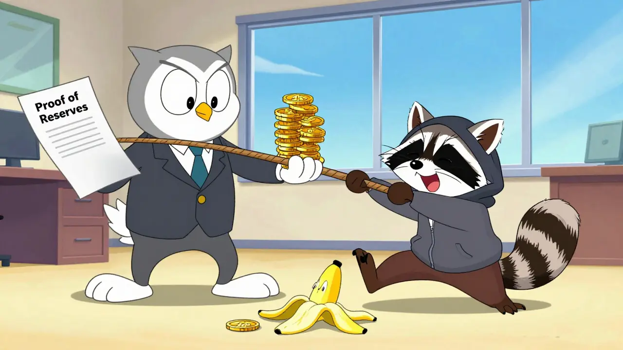 Wise owl holding reserves while a hacker raccoon slips and fails comically