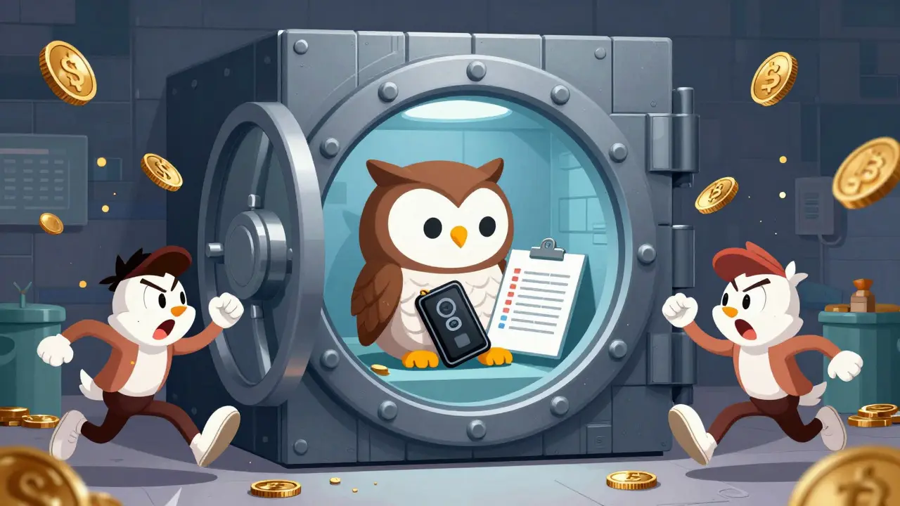 Wise owl in a secure blockchain vault with a hardware wallet