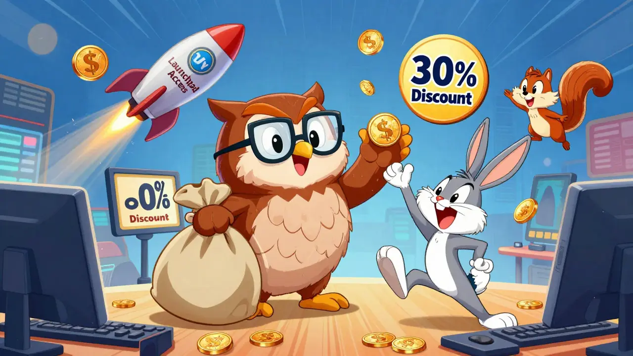 Animated animals celebrating fee discounts and launchpad access with tokens