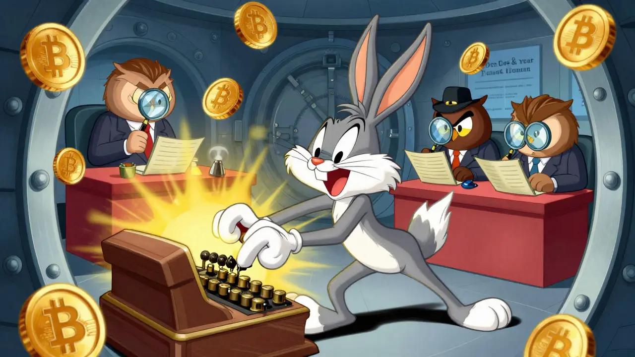 Animated character trading crypto while auditors check books in a vault