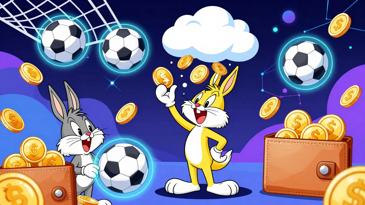 Animated characters collecting floating digital soccer tokens in a colorful setting