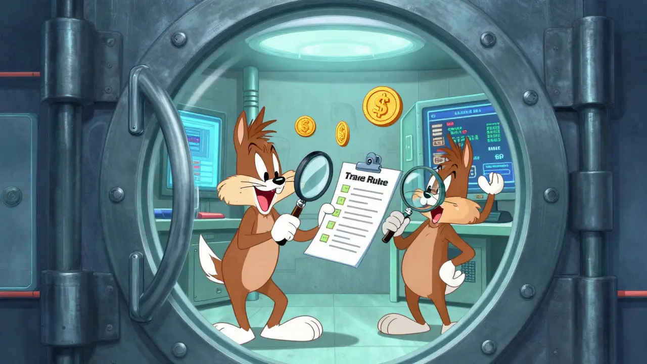 Animated characters conducting strict security checks in a high-tech vault