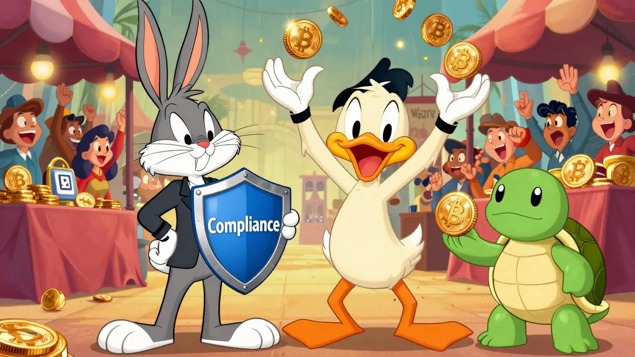 Animated characters representing different crypto exchanges