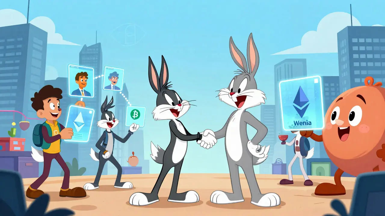 Animated characters trading crypto on various platforms