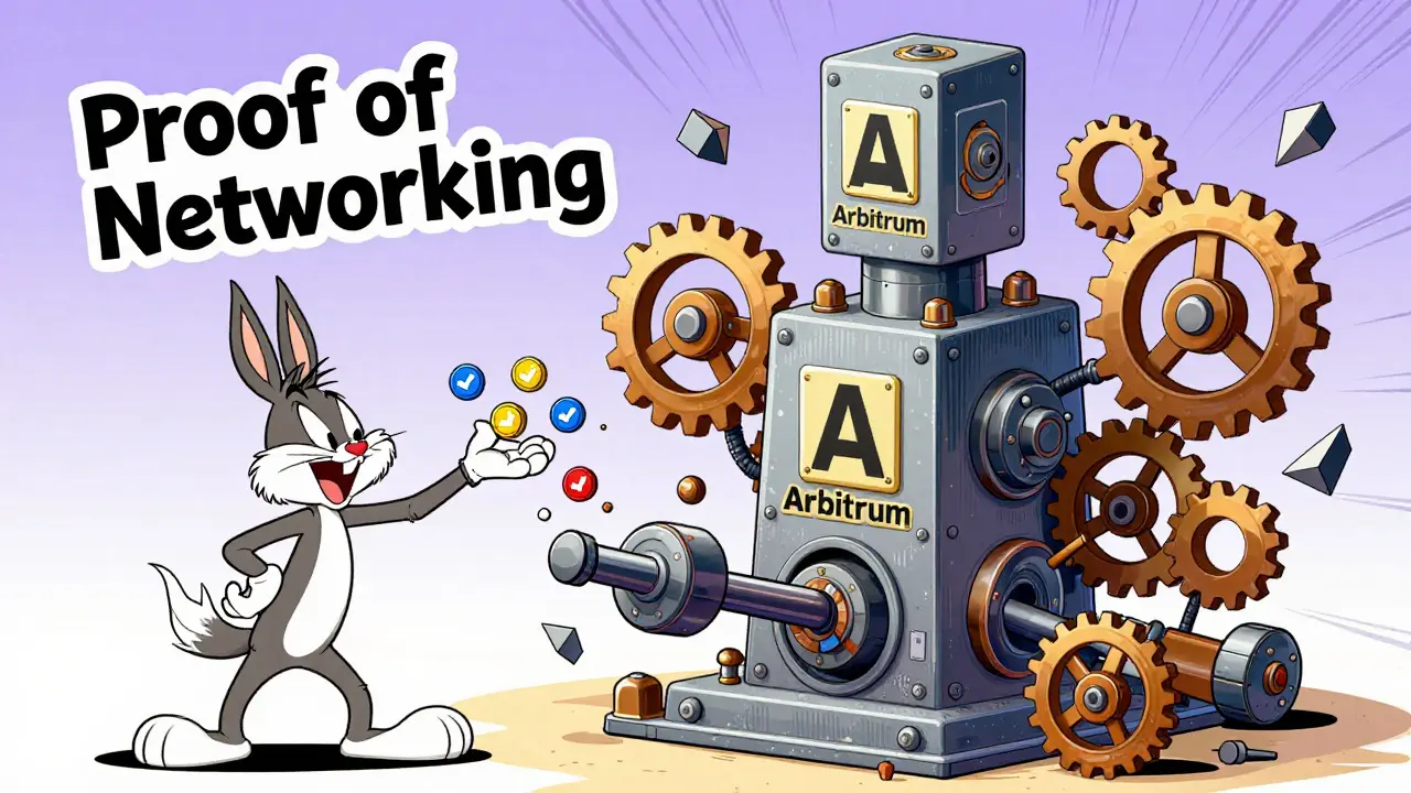 Animated machine processing social data into blockchain layers with slipping gears