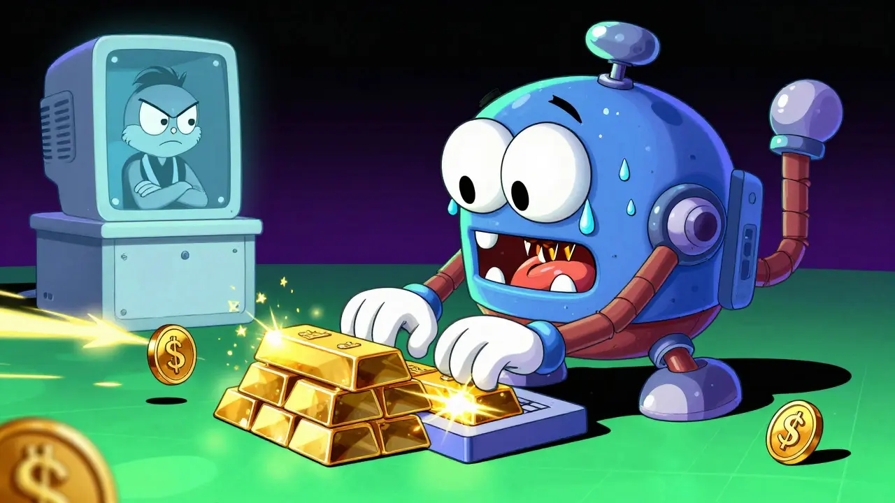Anthropomorphic mining rig chasing a golden hash token